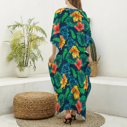 Hibiscus Monstera Hawaii Pattern Print Silk V-Neck Kaftan Dress