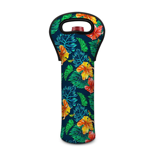 Hibiscus Monstera Hawaii Pattern Print Single Neoprene Wine Tote