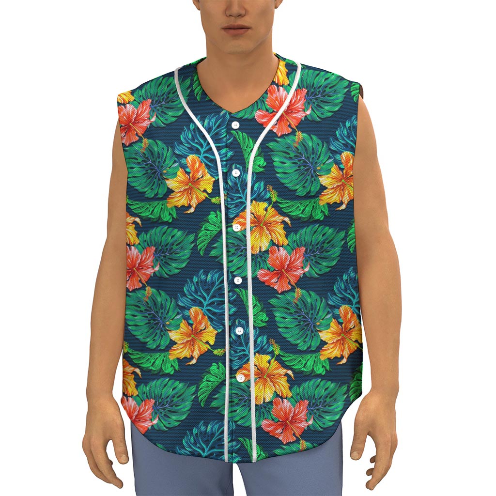 Hibiscus Monstera Hawaii Pattern Print Sleeveless Baseball Jersey