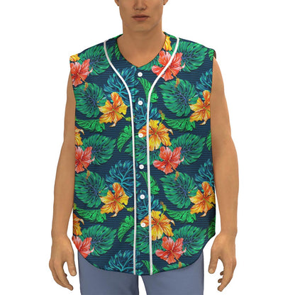 Hibiscus Monstera Hawaii Pattern Print Sleeveless Baseball Jersey