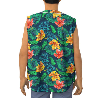 Hibiscus Monstera Hawaii Pattern Print Sleeveless Baseball Jersey