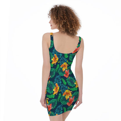 Hibiscus Monstera Hawaii Pattern Print Sleeveless Bodycon Dress