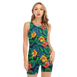 Hibiscus Monstera Hawaii Pattern Print Sleeveless One Piece Swimsuit