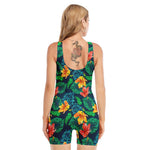 Hibiscus Monstera Hawaii Pattern Print Sleeveless One Piece Swimsuit