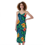 Hibiscus Monstera Hawaii Pattern Print Slim Fit Midi Cami Dress
