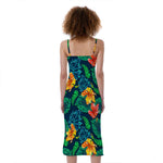 Hibiscus Monstera Hawaii Pattern Print Slim Fit Midi Cami Dress