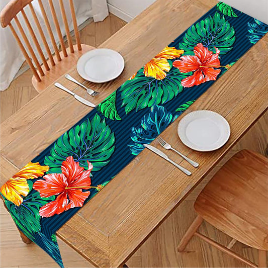 Hibiscus Monstera Hawaii Pattern Print Table Runner