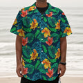 Hibiscus Monstera Hawaii Pattern Print Textured Short Sleeve Shirt
