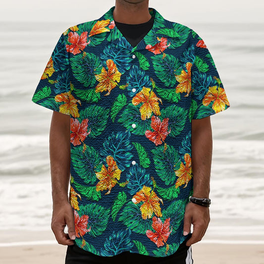 Hibiscus Monstera Hawaii Pattern Print Textured Short Sleeve Shirt