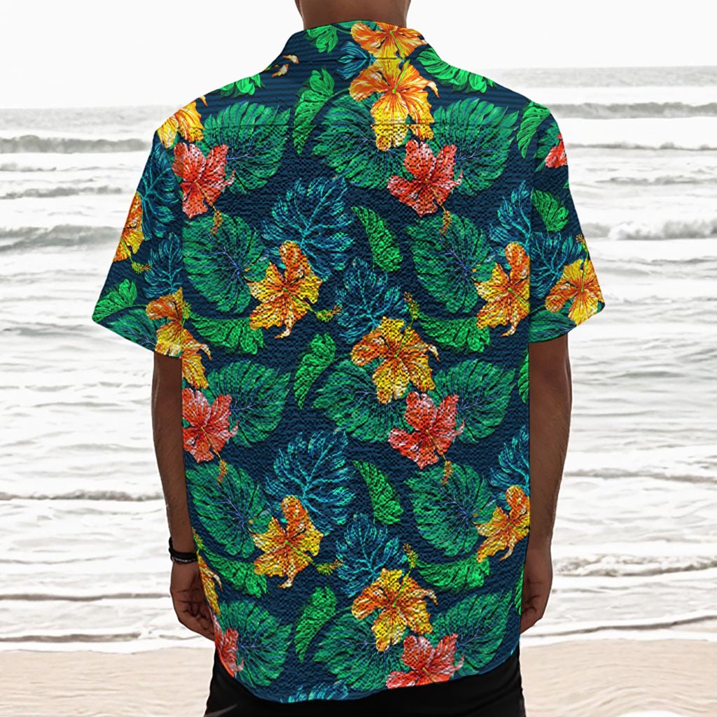 Hibiscus Monstera Hawaii Pattern Print Textured Short Sleeve Shirt