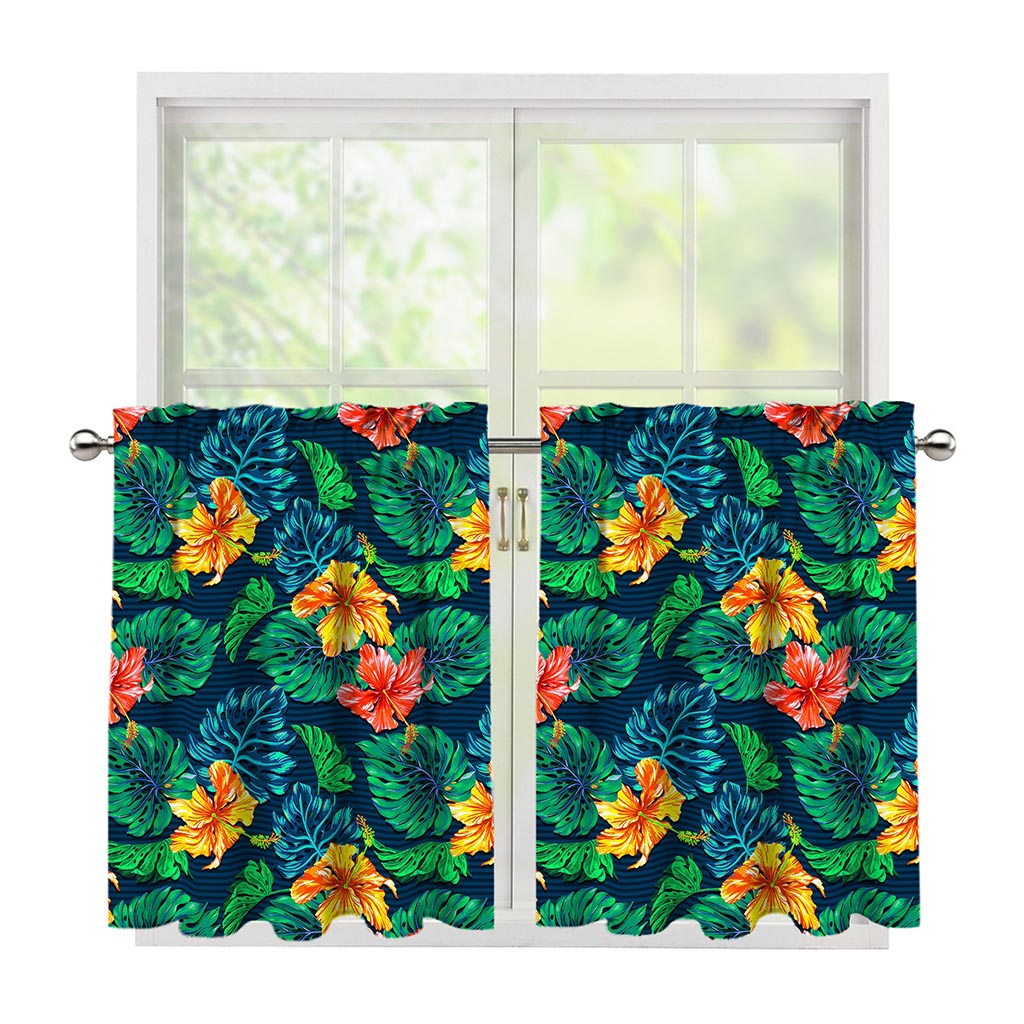 Hibiscus Monstera Hawaii Pattern Print Tier Curtains