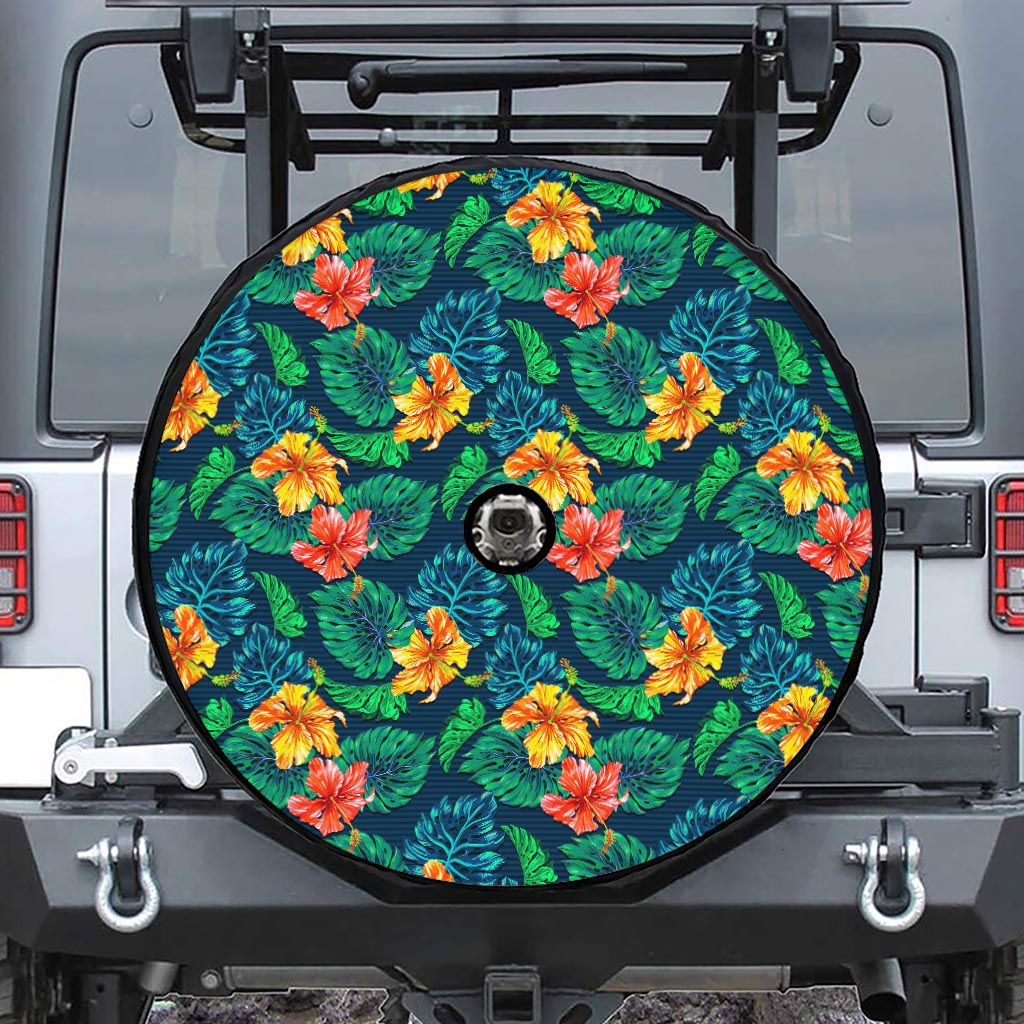 Hibiscus Monstera Hawaii Pattern Print Tire Cover With Camera Hole