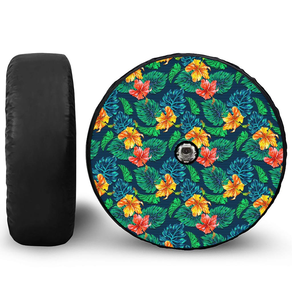 Hibiscus Monstera Hawaii Pattern Print Tire Cover With Camera Hole