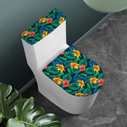 Hibiscus Monstera Hawaii Pattern Print Toilet Lid And Tank Cover Set