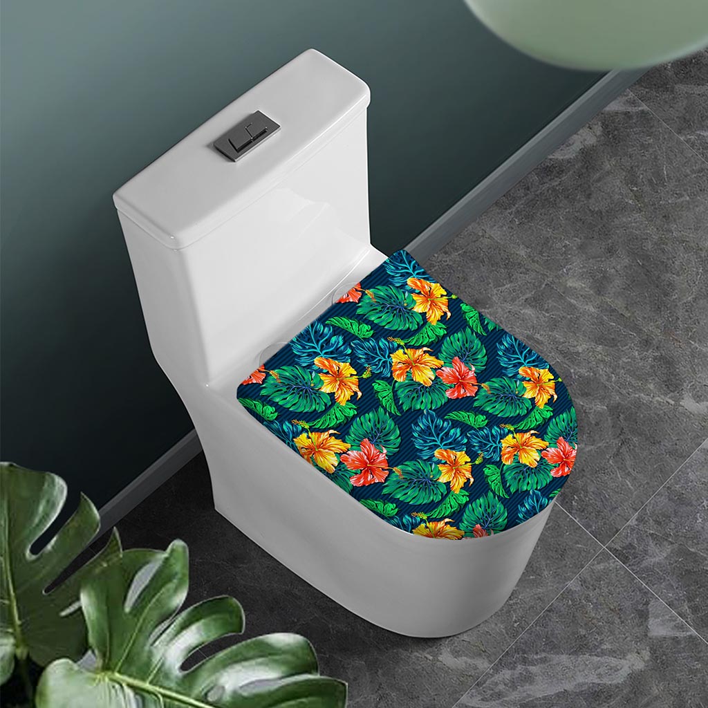 Hibiscus Monstera Hawaii Pattern Print Toilet Lid Cover