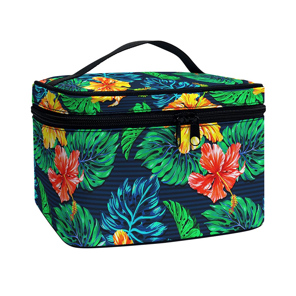 Hibiscus Monstera Hawaii Pattern Print Travel Makeup Bag