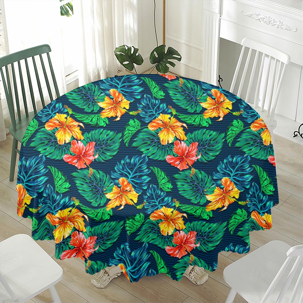 Hibiscus Monstera Hawaii Pattern Print Waterproof Round Tablecloth