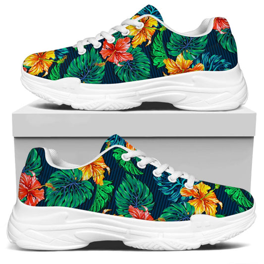 Hibiscus Monstera Hawaii Pattern Print White Chunky Shoes