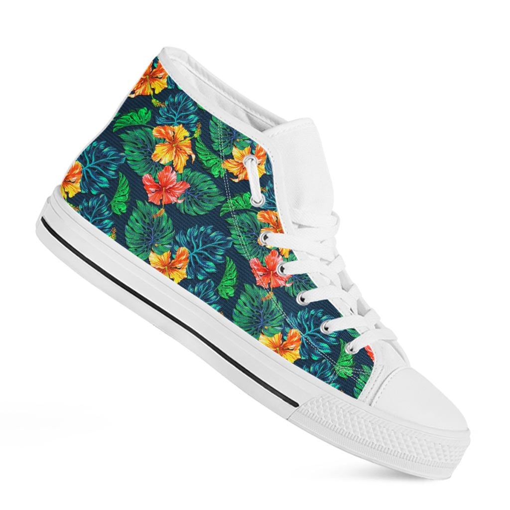 Hibiscus Monstera Hawaii Pattern Print White High Top Sneakers