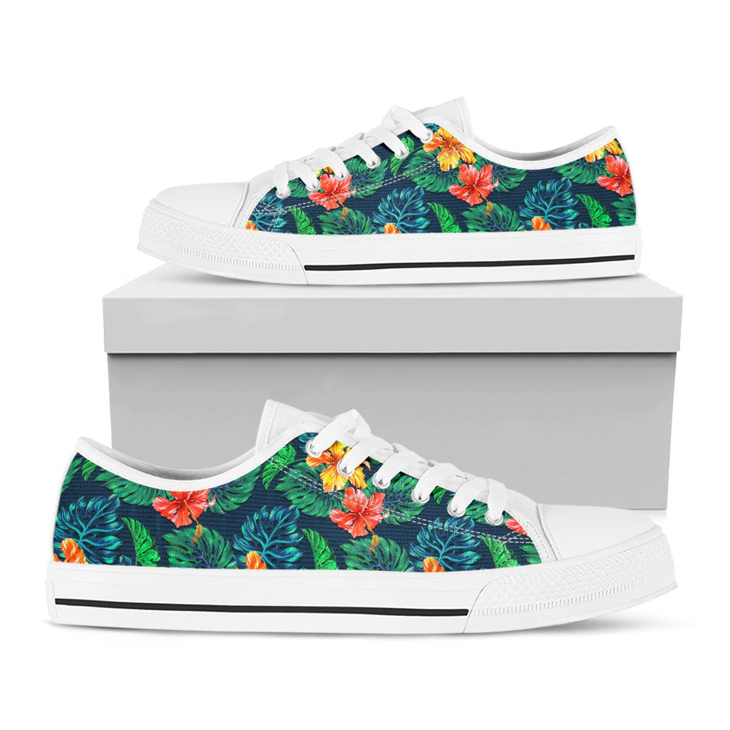 Hibiscus Monstera Hawaii Pattern Print White Low Top Sneakers