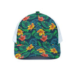 Hibiscus Monstera Hawaii Pattern Print White Mesh Trucker Cap
