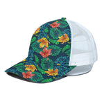 Hibiscus Monstera Hawaii Pattern Print White Mesh Trucker Cap