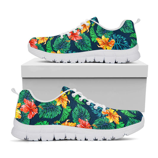 Hibiscus Monstera Hawaii Pattern Print White Running Shoes