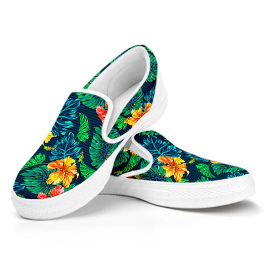 Hibiscus Monstera Hawaii Pattern Print White Slip On Sneakers