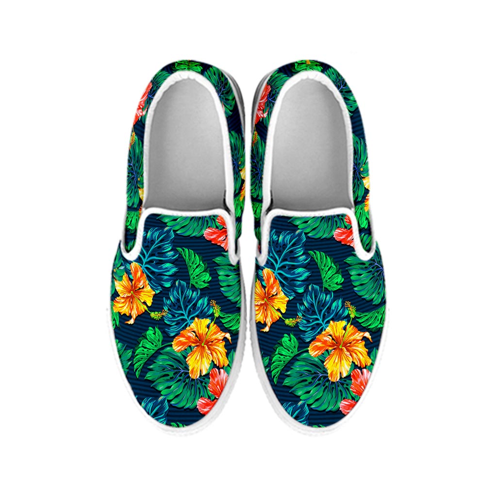 Hibiscus Monstera Hawaii Pattern Print White Slip On Sneakers
