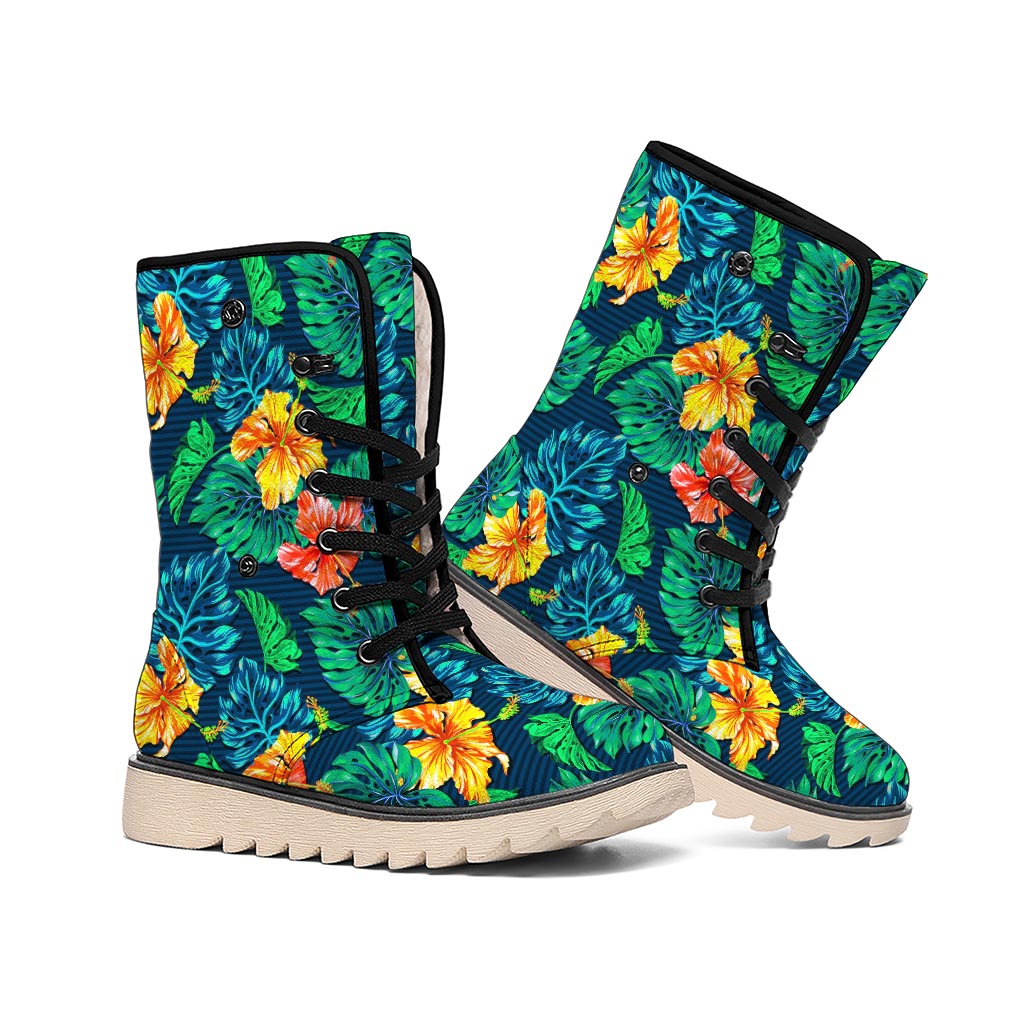 Hibiscus Monstera Hawaii Pattern Print Winter Boots