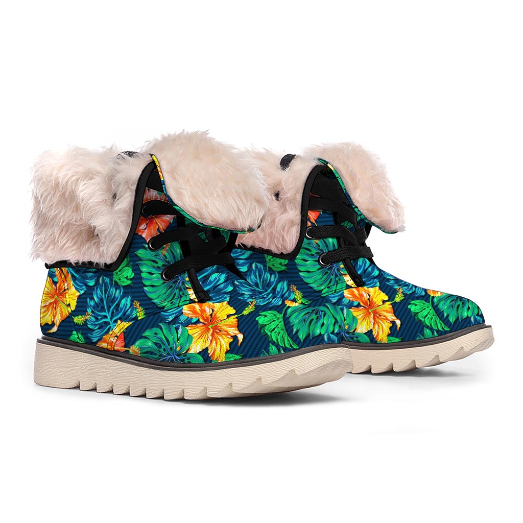 Hibiscus Monstera Hawaii Pattern Print Winter Boots