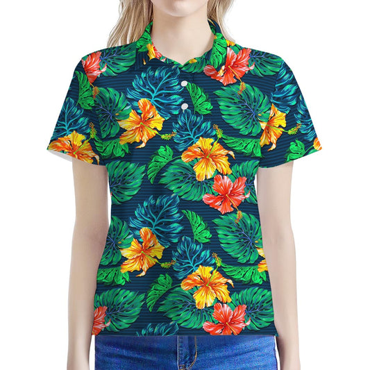 Hibiscus Monstera Hawaii Pattern Print Women's Polo Shirt