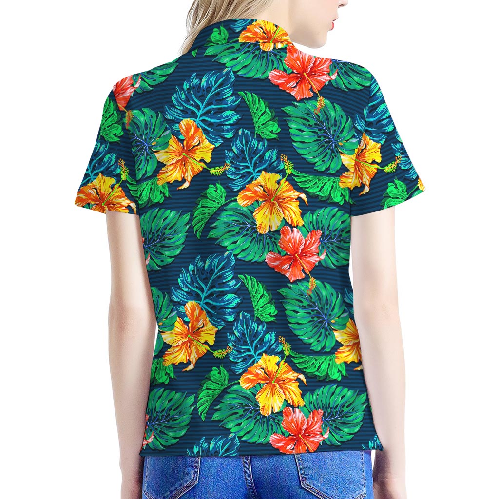 Hibiscus Monstera Hawaii Pattern Print Women's Polo Shirt