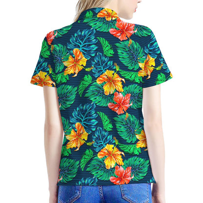 Hibiscus Monstera Hawaii Pattern Print Women's Polo Shirt