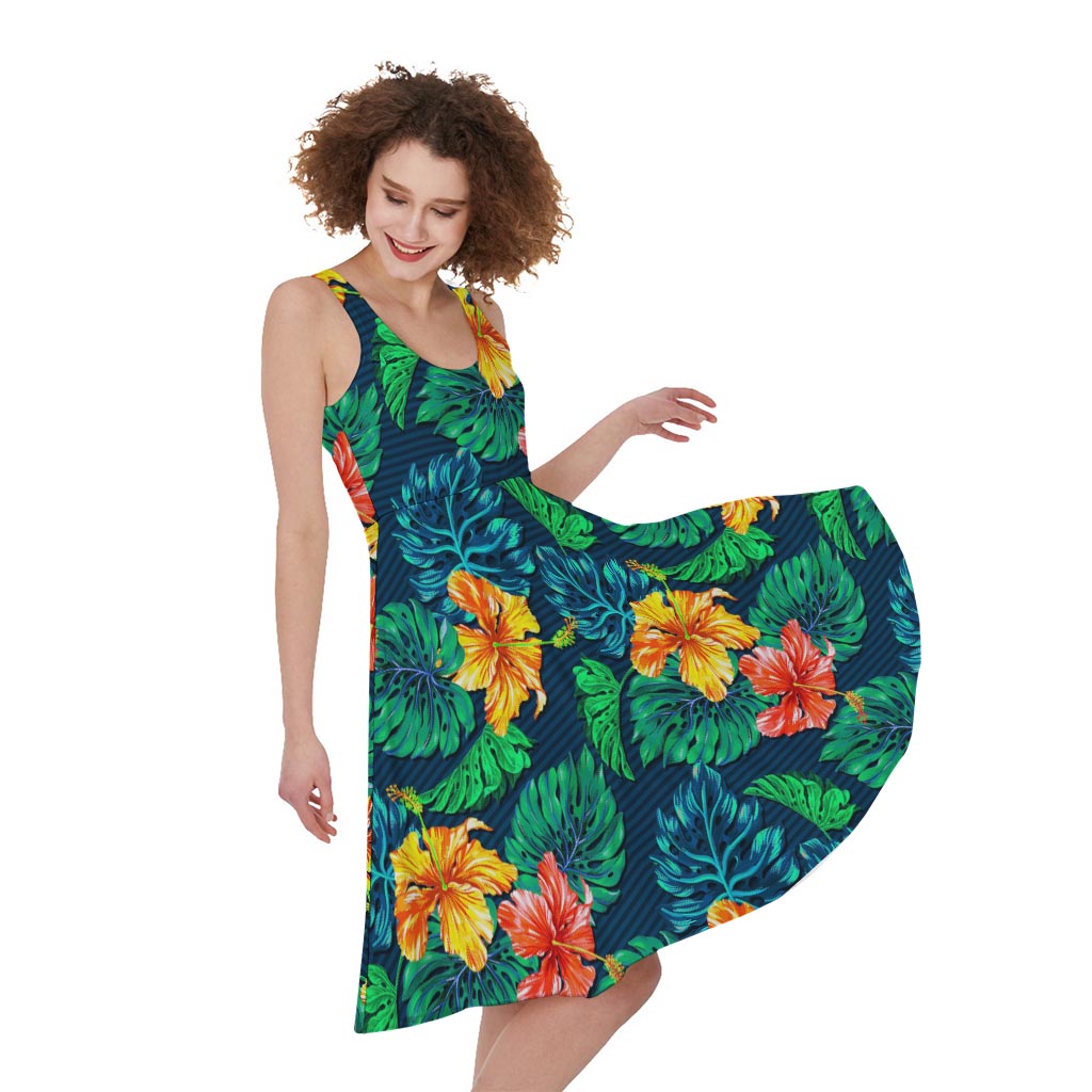 Hibiscus Monstera Hawaii Pattern Print Women's Sleeveless Dress