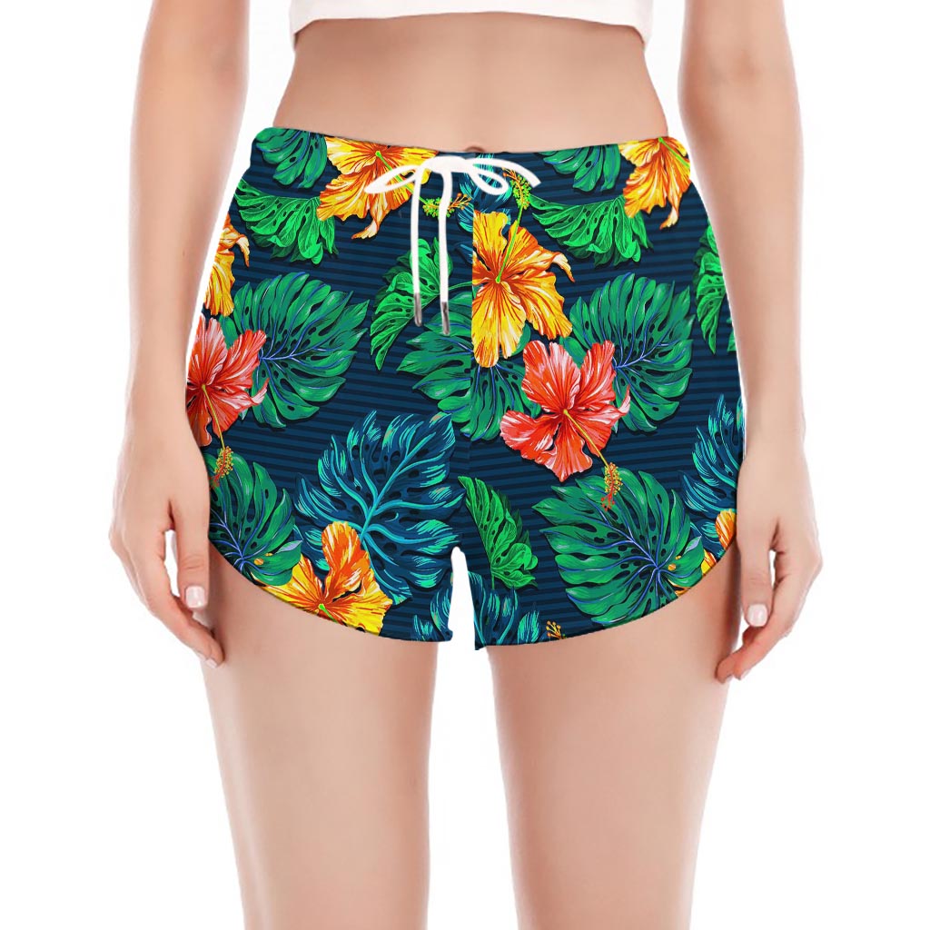 Hibiscus Monstera Hawaii Pattern Print Women's Split Running Shorts