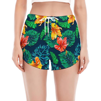 Hibiscus Monstera Hawaii Pattern Print Women's Split Running Shorts