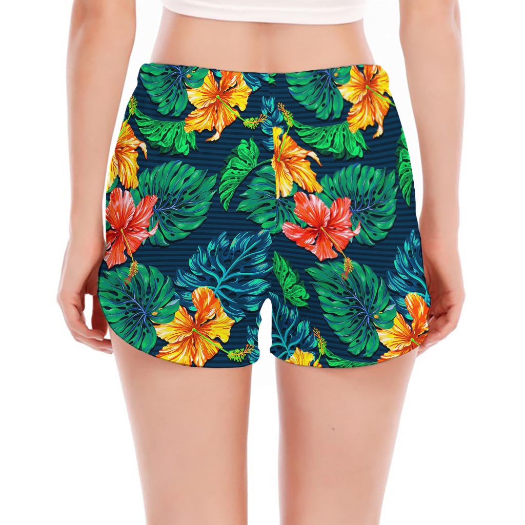 Hibiscus Monstera Hawaii Pattern Print Women's Split Running Shorts