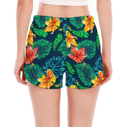 Hibiscus Monstera Hawaii Pattern Print Women's Split Running Shorts