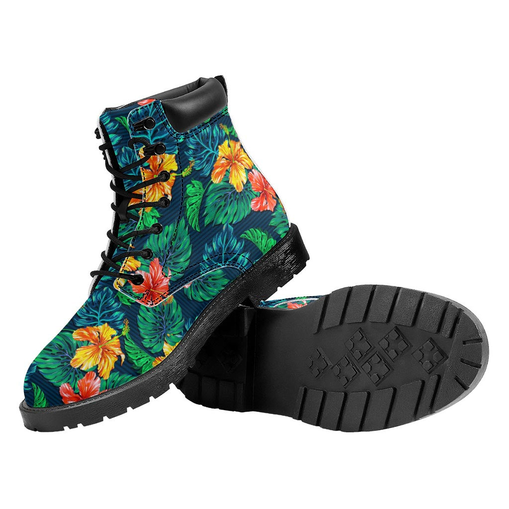 Hibiscus Monstera Hawaii Pattern Print Work Boots