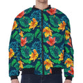 Hibiscus Monstera Hawaii Pattern Print Zip Sleeve Bomber Jacket