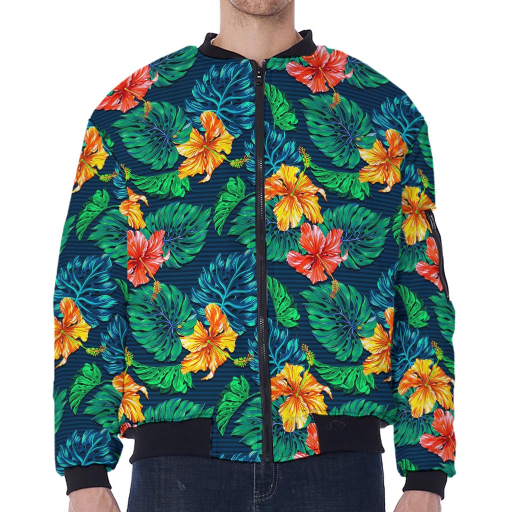 Hibiscus Monstera Hawaii Pattern Print Zip Sleeve Bomber Jacket