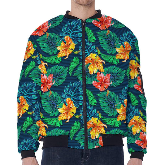 Hibiscus Monstera Hawaii Pattern Print Zip Sleeve Bomber Jacket