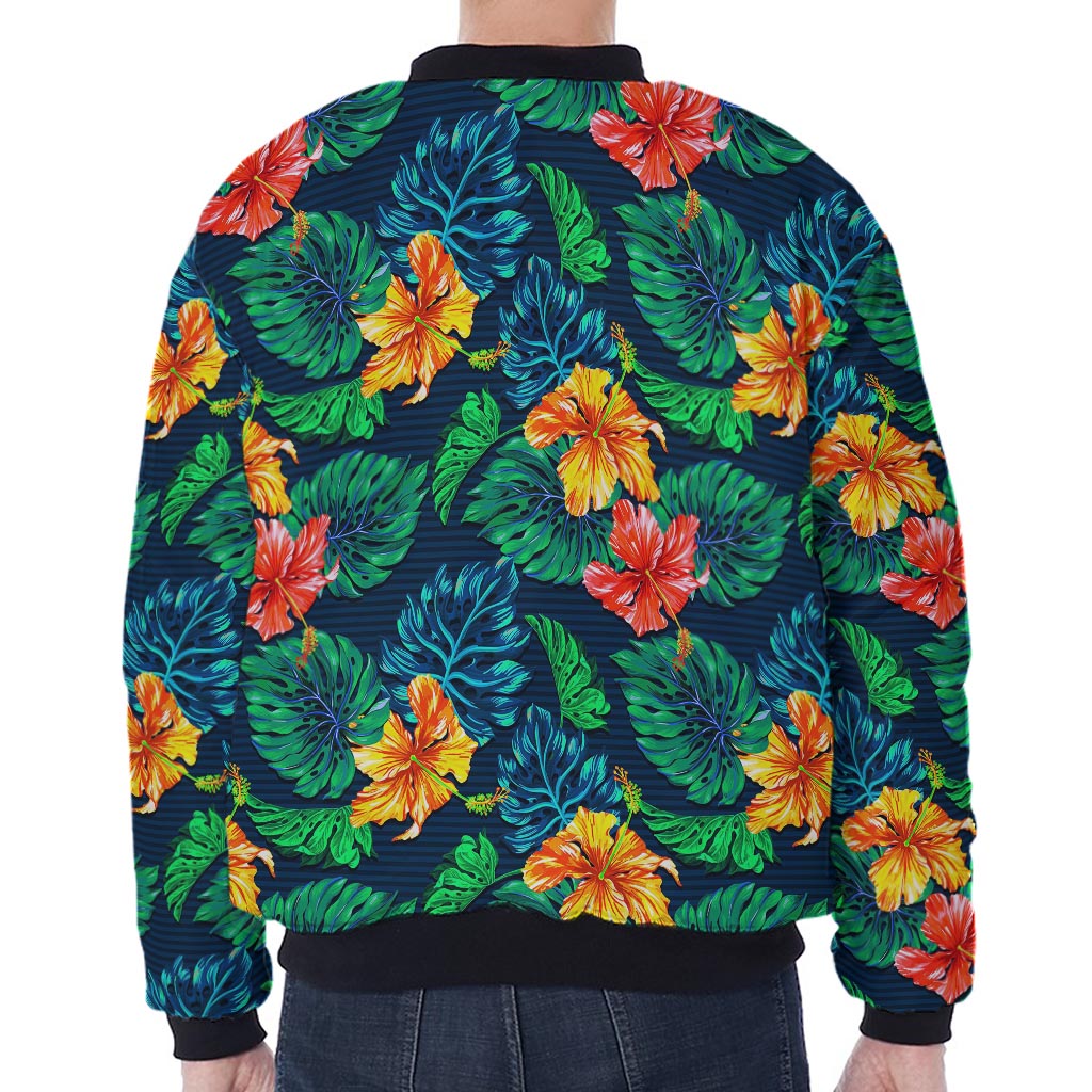 Hibiscus Monstera Hawaii Pattern Print Zip Sleeve Bomber Jacket