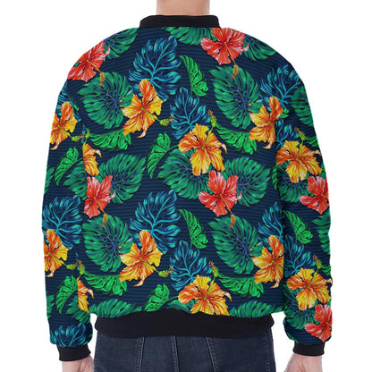 Hibiscus Monstera Hawaii Pattern Print Zip Sleeve Bomber Jacket