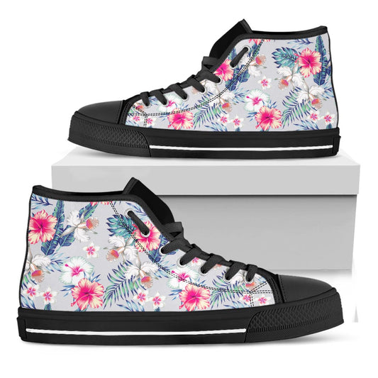 Hibiscus Orchids Hawaii Pattern Print Black High Top Sneakers