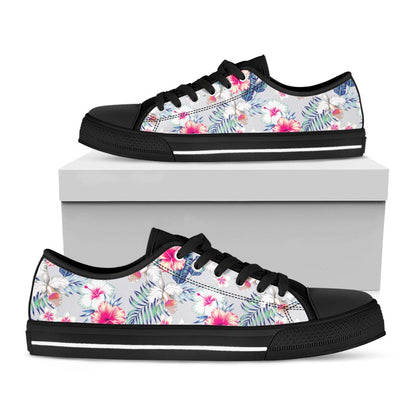 Hibiscus Orchids Hawaii Pattern Print Black Low Top Sneakers