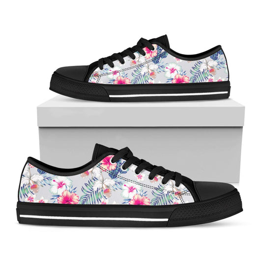 Hibiscus Orchids Hawaii Pattern Print Black Low Top Sneakers