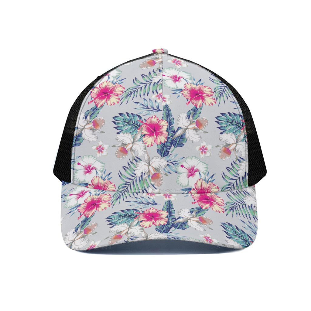Hibiscus Orchids Hawaii Pattern Print Black Mesh Trucker Cap
