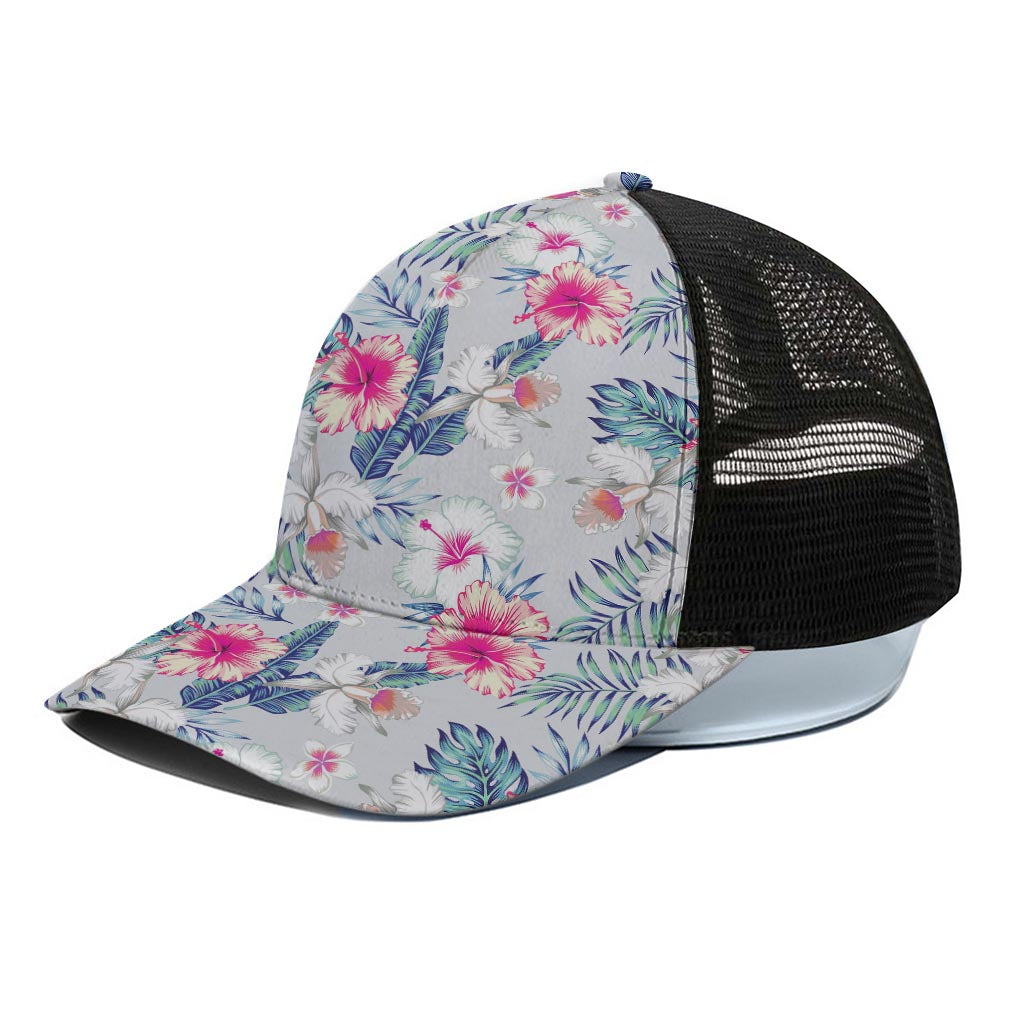Hibiscus Orchids Hawaii Pattern Print Black Mesh Trucker Cap